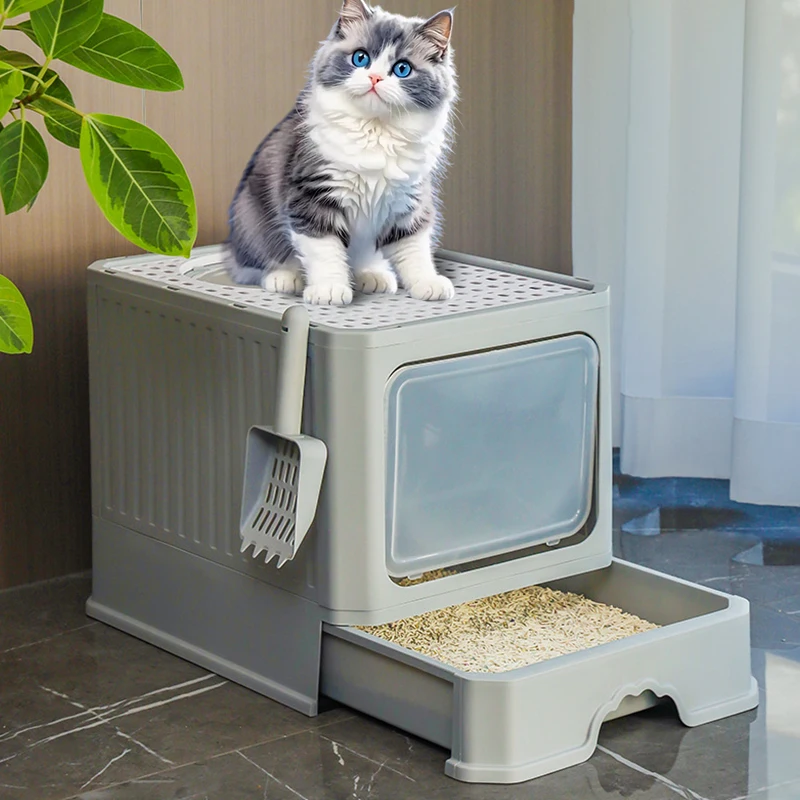 Cat Litter - Box With Scoop, Large Foldable Litter Box With Lid, Front Entry Top Exit Kitty Box, Odor Control - Image 4