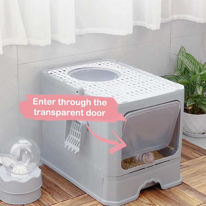 Cat Litter - Box With Scoop, Large Foldable Litter Box With Lid, Front Entry Top Exit Kitty Box, Odor Control - Image 3