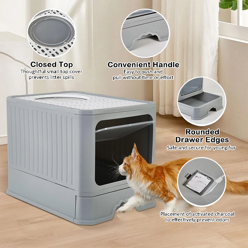 Cat Litter - Box With Scoop, Large Foldable Litter Box With Lid, Front Entry Top Exit Kitty Box, Odor Control - Image 2