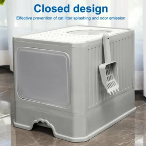 Cat Litter - Box With Scoop, Large Foldable Litter Box With Lid, Front Entry Top Exit Kitty Box, Odor Control