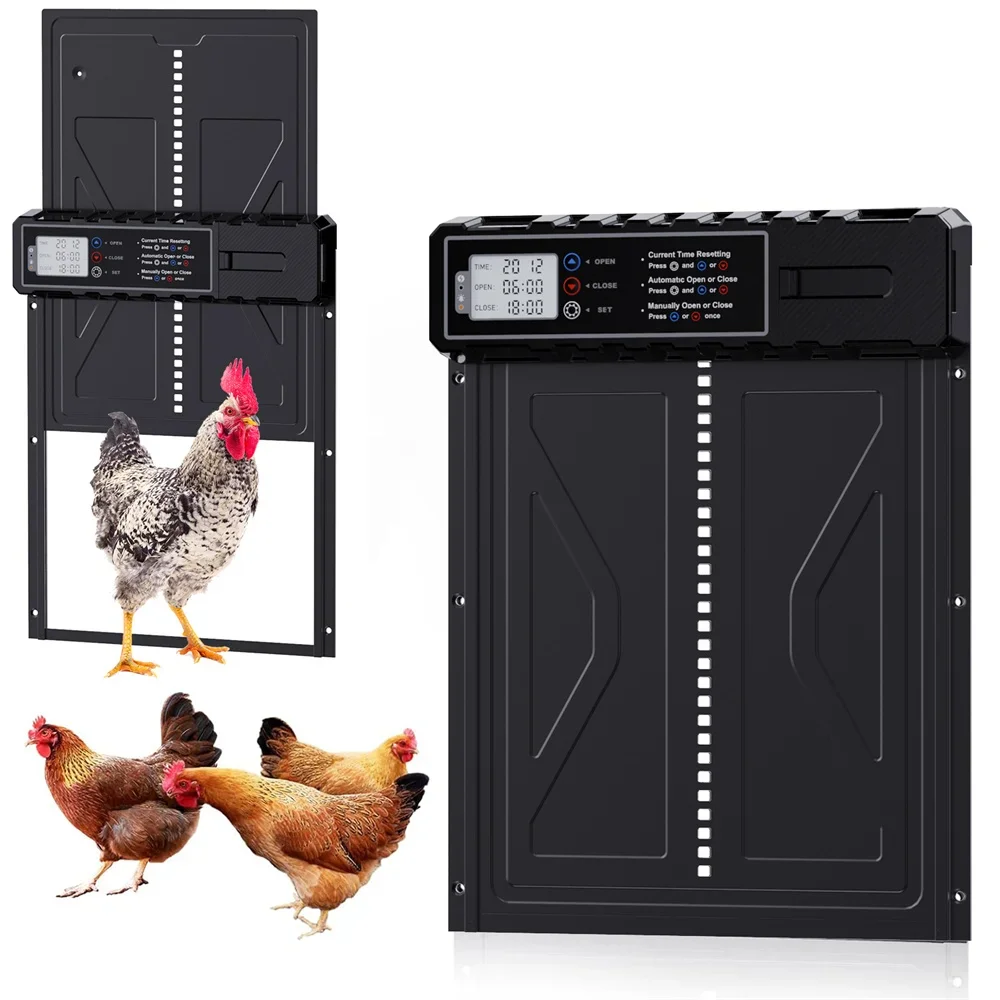 Large Automatic Chicken Coop Door Solar Powered Timer Light Sensor Aluminum Alloy Anti Pinch Safety LCD Display Cold Weather