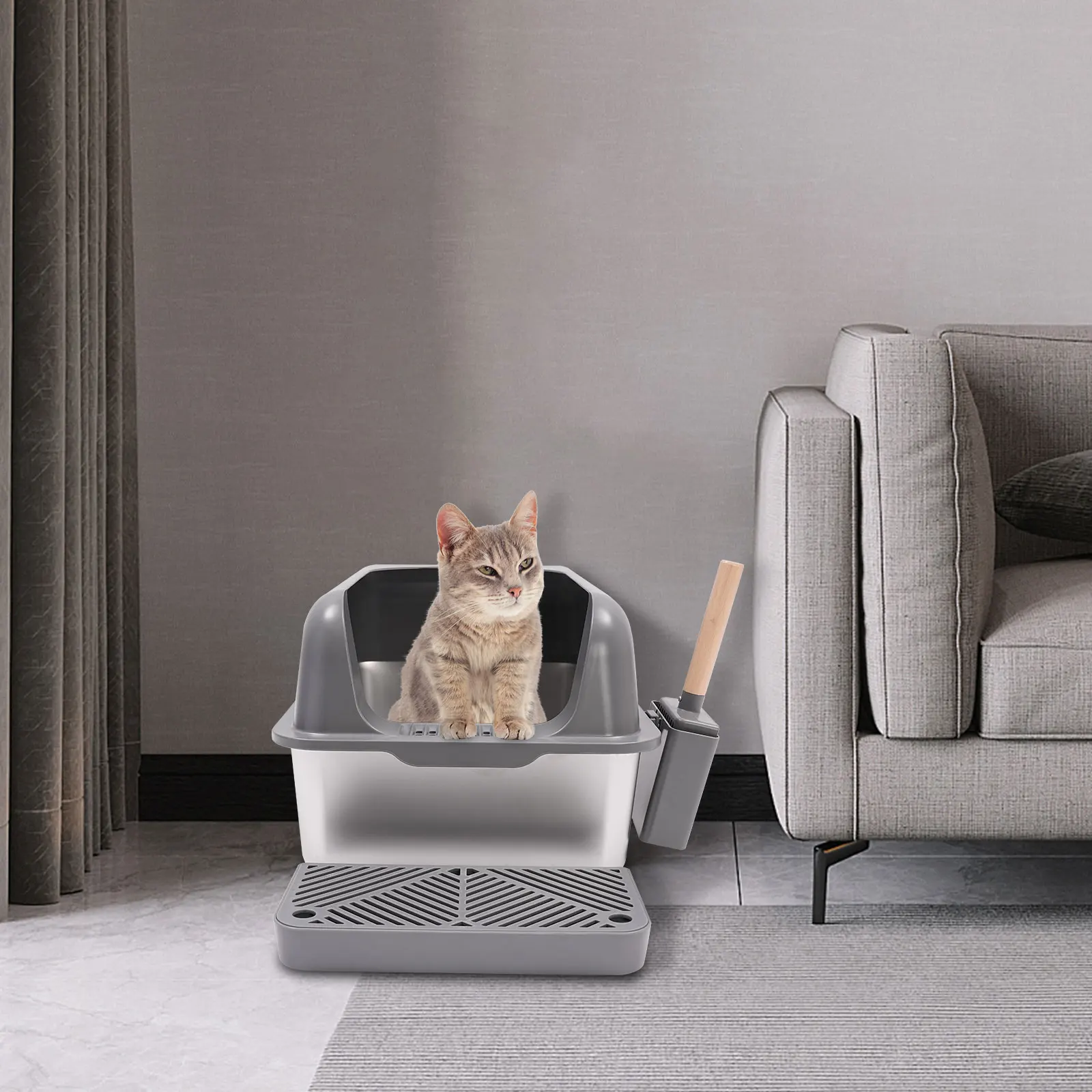 Stainless Steel Cat Litter Box with Protective Shovel Placed in Living Room, Hallway, Bedroom, Pet Store - Image 3