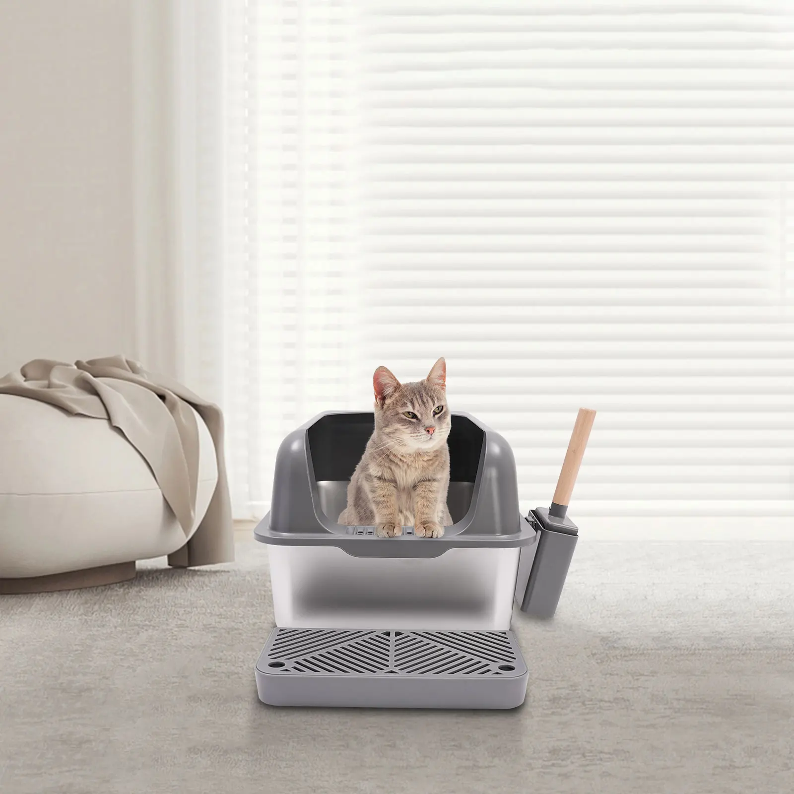 Stainless Steel Cat Litter Box with Protective Shovel Placed in Living Room, Hallway, Bedroom, Pet Store - Image 5