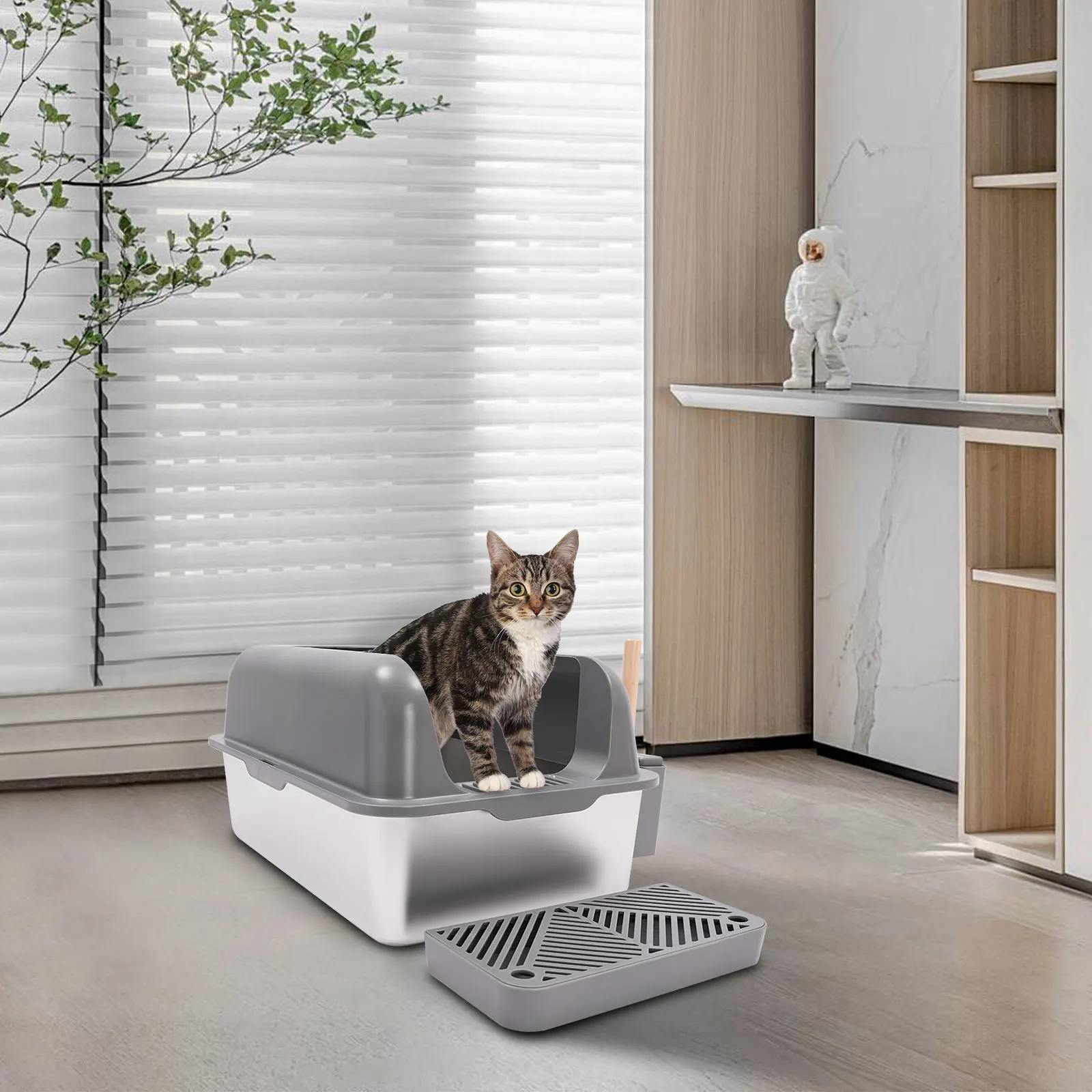 Stainless Steel Cat Litter Box with Protective Shovel Placed in Living Room, Hallway, Bedroom, Pet Store - Image 2
