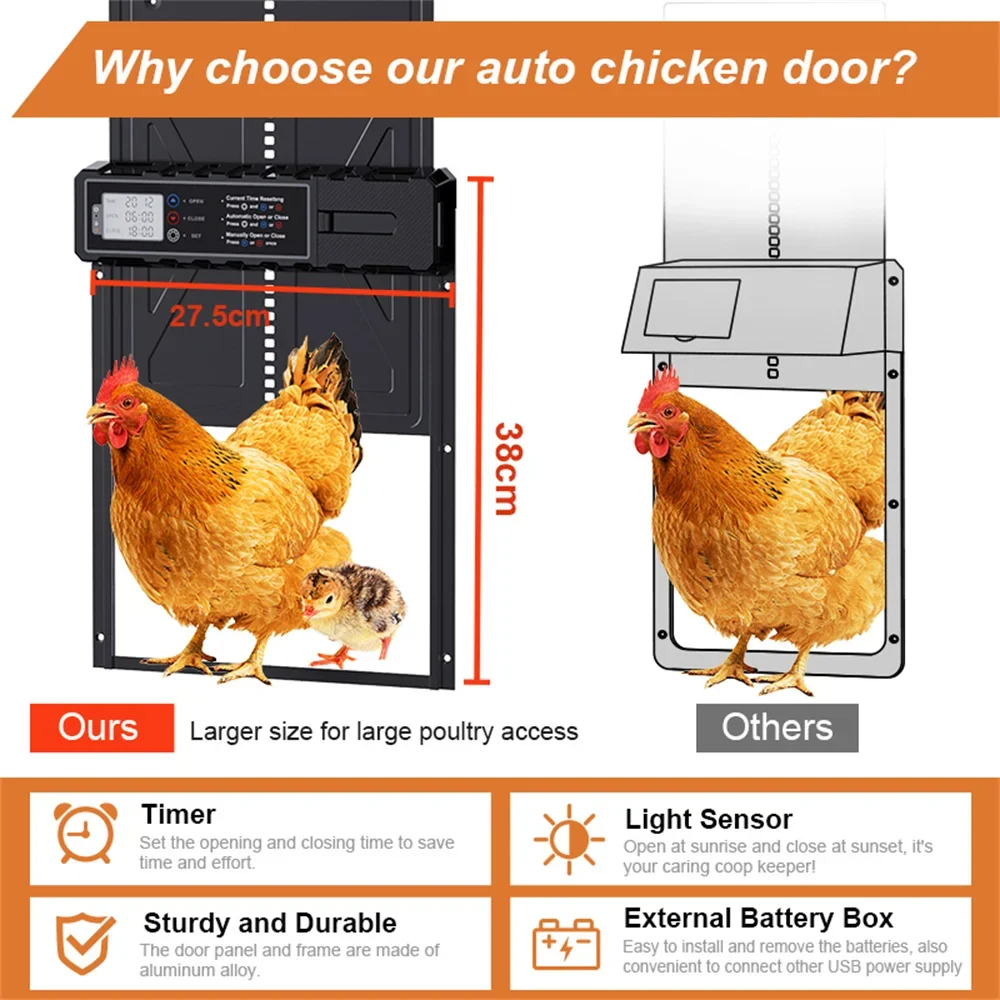 Large Automatic Chicken Coop Door Solar Powered Timer Light Sensor Aluminum Alloy Anti Pinch Safety LCD Display Cold Weather - Image 6