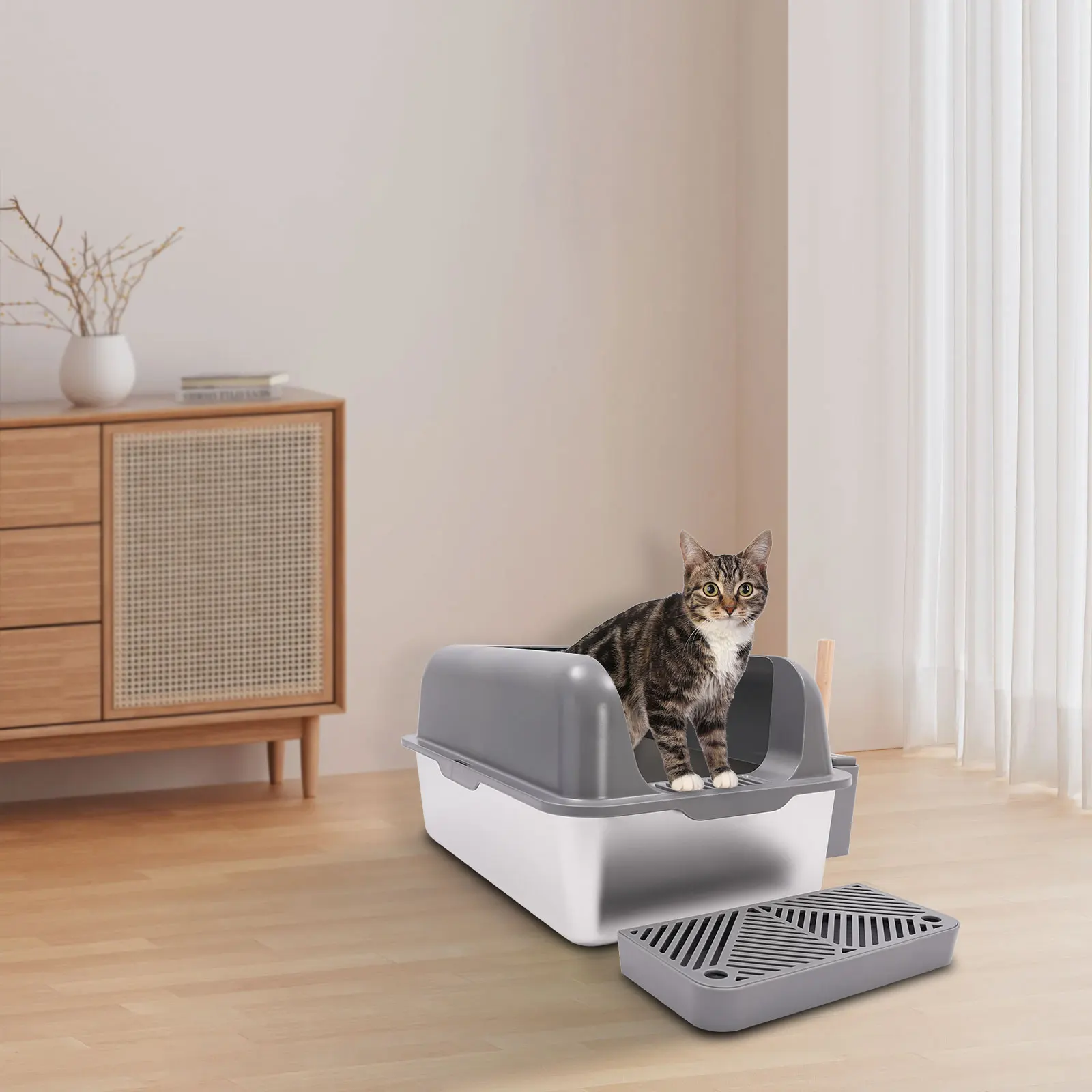 Stainless Steel Cat Litter Box with Protective Shovel Placed in Living Room, Hallway, Bedroom, Pet Store - Image 6