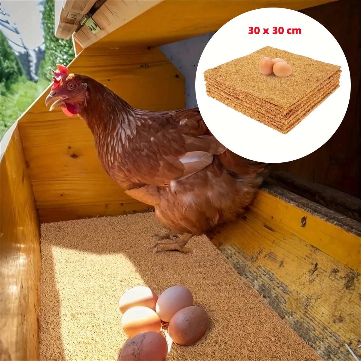 30cm Washable Square Chicken Coop Mat Anti-Breakage Environmental Natural Coconut Palm Pad for Hens Laying Eggs Nesting 1/2Pcs