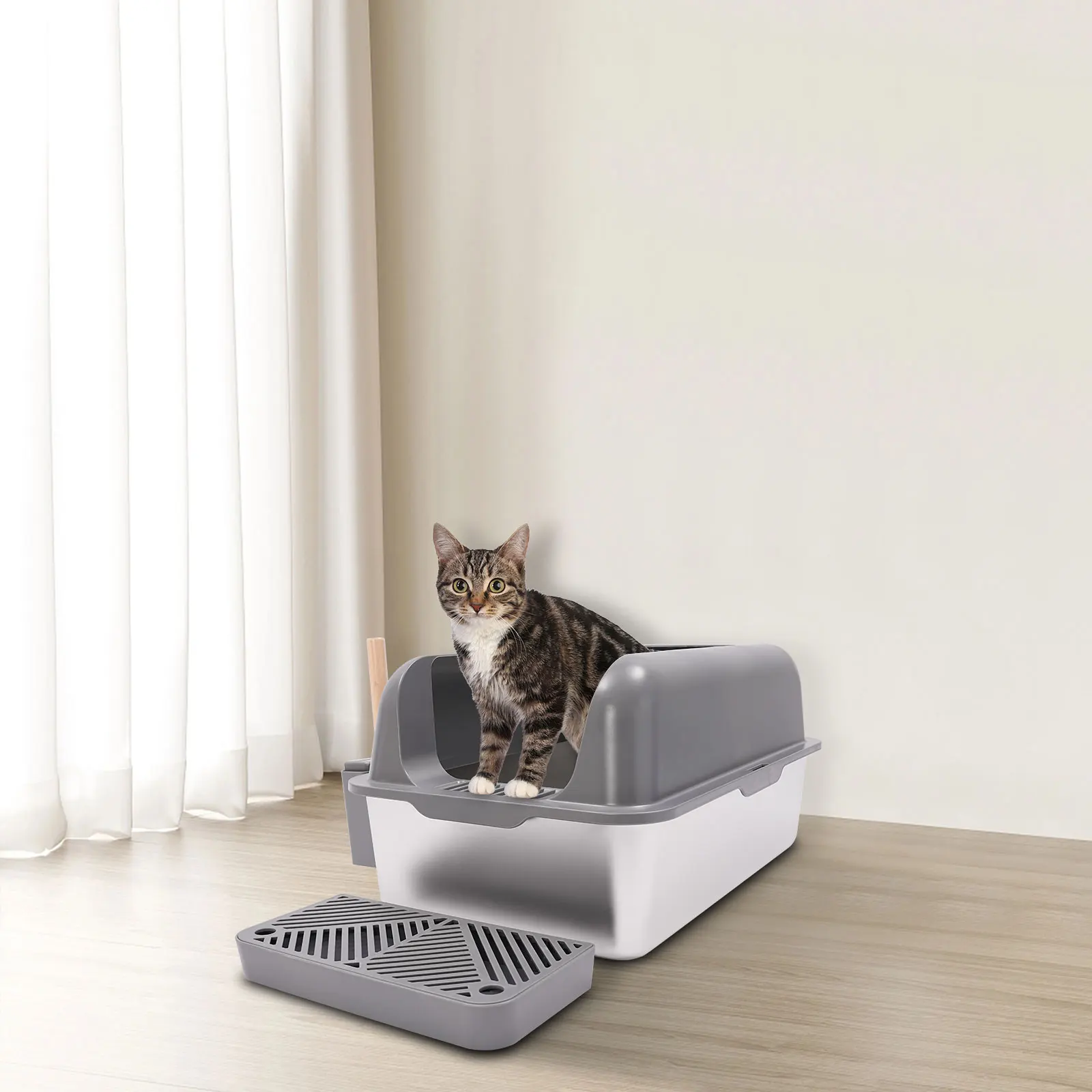 Stainless Steel Cat Litter Box with Protective Shovel Placed in Living Room, Hallway, Bedroom, Pet Store - Image 4