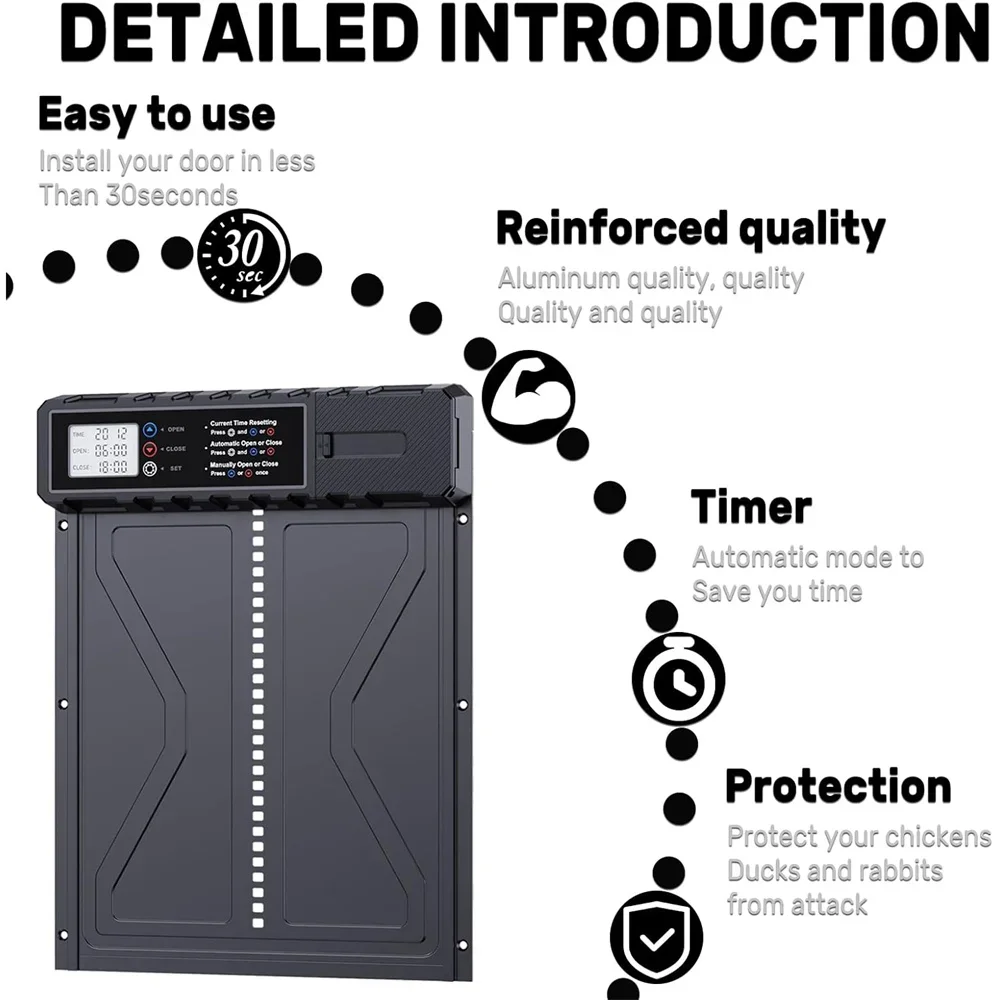 Large Automatic Chicken Coop Door Solar Powered Timer Light Sensor Aluminum Alloy Anti Pinch Safety LCD Display Cold Weather - Image 2